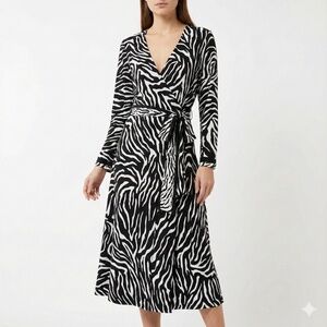 EVAN PICONE Zebra Print Long Sleeve True Wrap Midi Dress US Sz 14